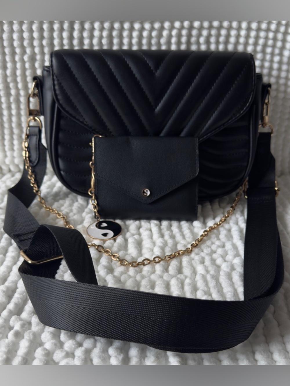 Black Quilted Crossbody Bag with Coin Pouch